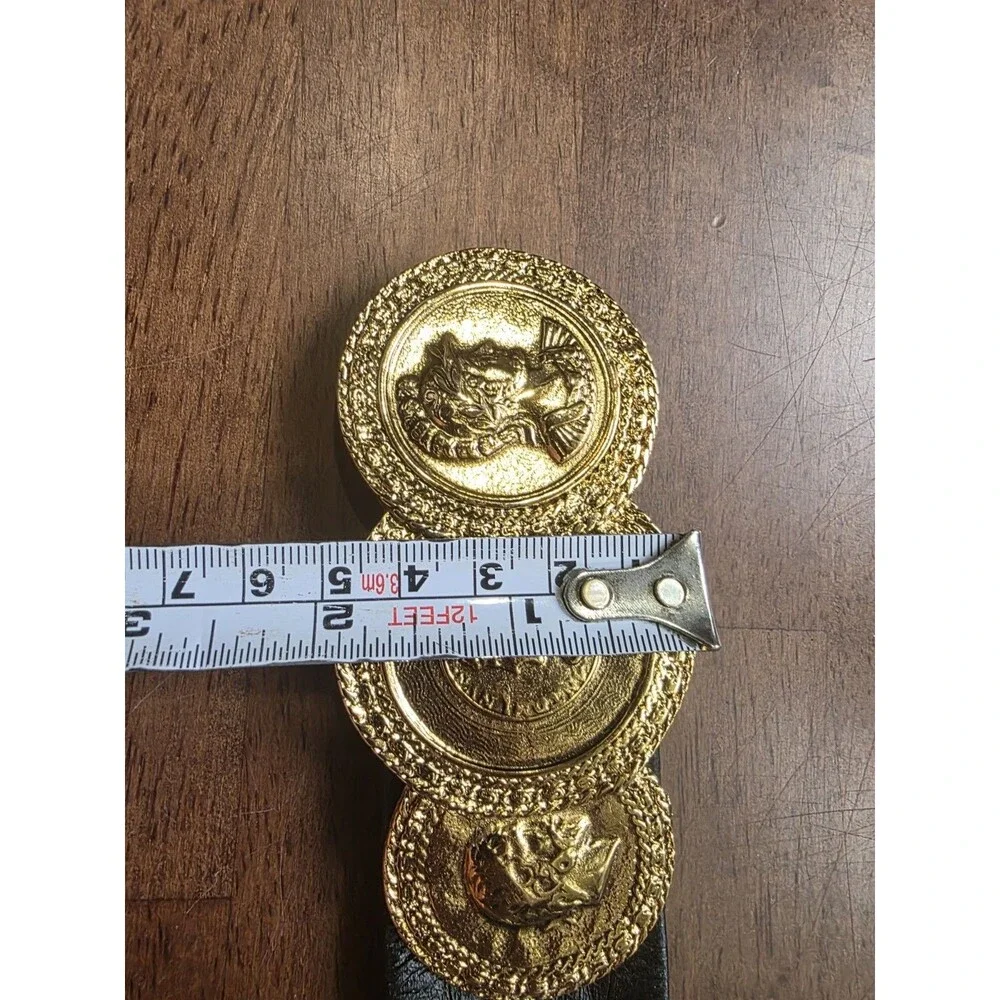 Vintage Leather Shop Black Leather Belt Gold Coin Medallion Roman Greek Bust